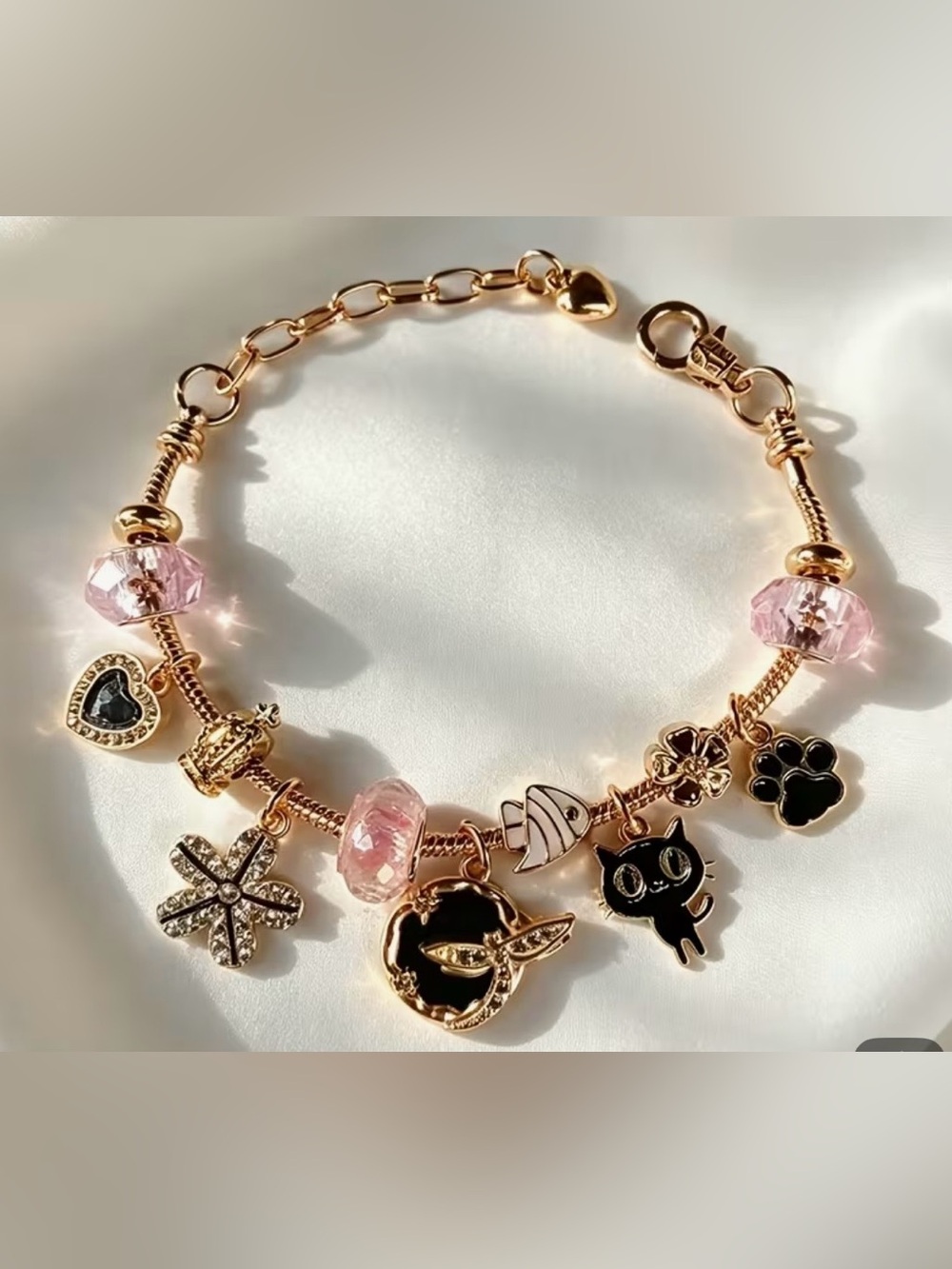 NEW Gold Charm beaded Bracelet with adjustable snake chain & Black Enamel Charms